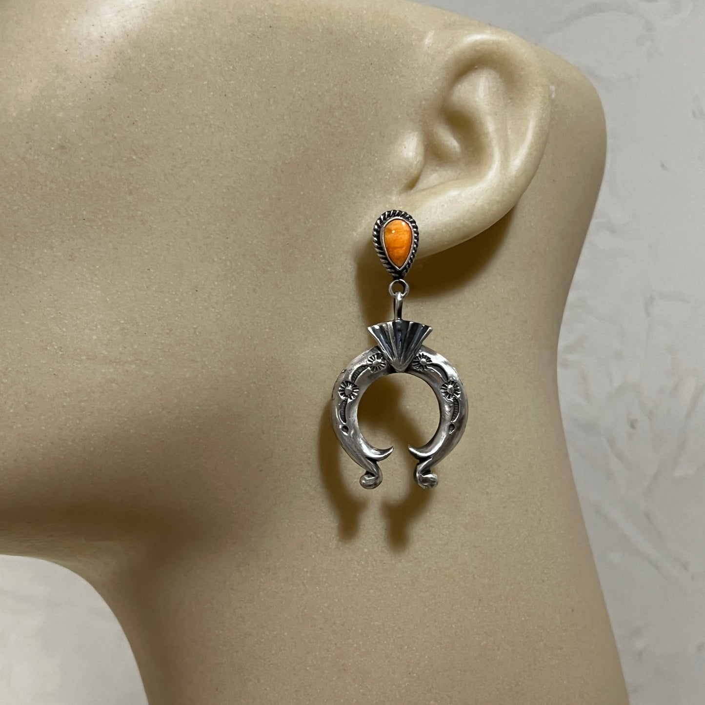 Orange Spiny Oyster Shell dangle Naja earrings sterling silver Navajo Adrienne Gordon 4