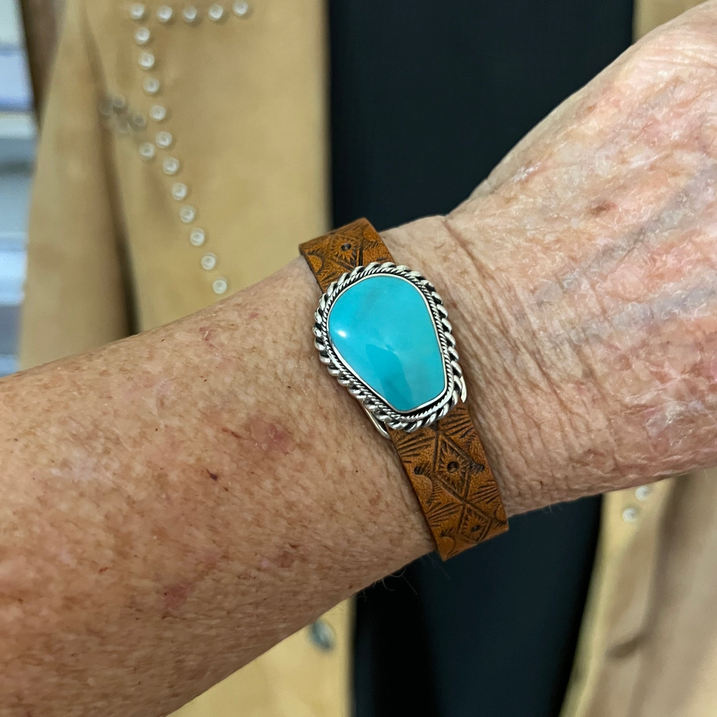 Real Turquoise leather Sterling silver bracelet adjustable Navajo Mike Smith Size 6.25, 7