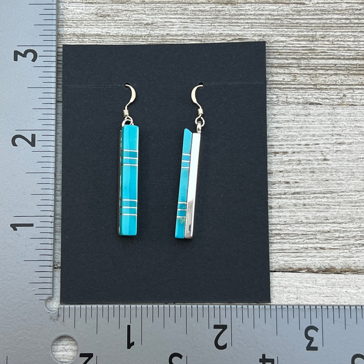 Modern Blue Turquoise inlay bar dangle earrings 2 sterling silver Zuni MaDerral Kallestewa