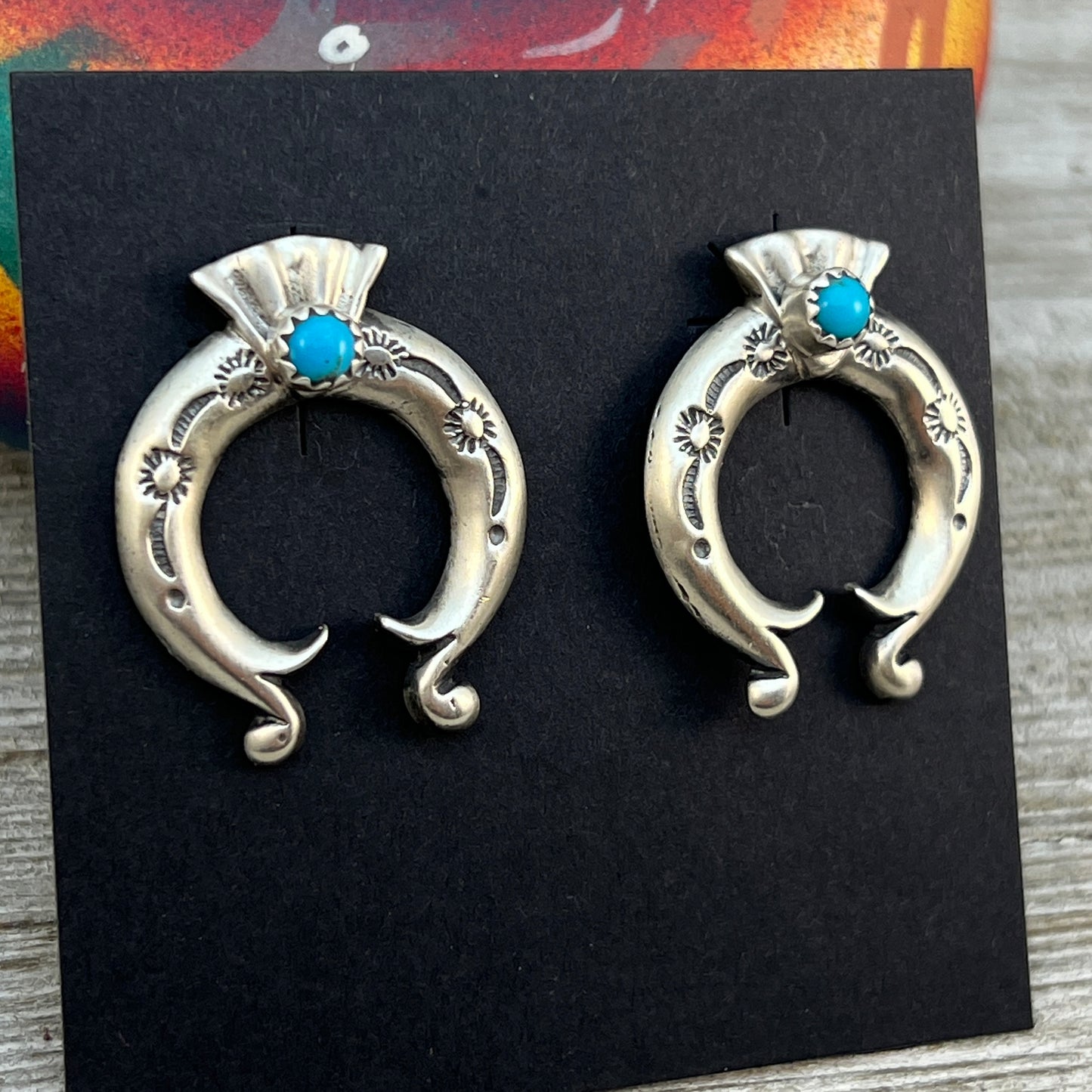 Blue Turquoise Naja stud Earrings Navajo handmade Adrienne Gordan Sterling Silver 3