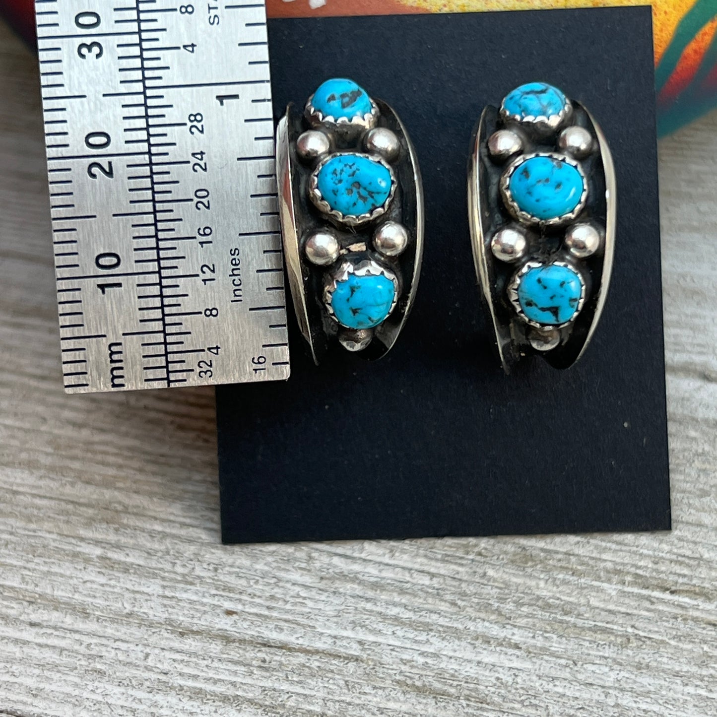 7/8" Turquoise Hoop Earrings Navajo handmade by Paul Largo sterling silver 2
