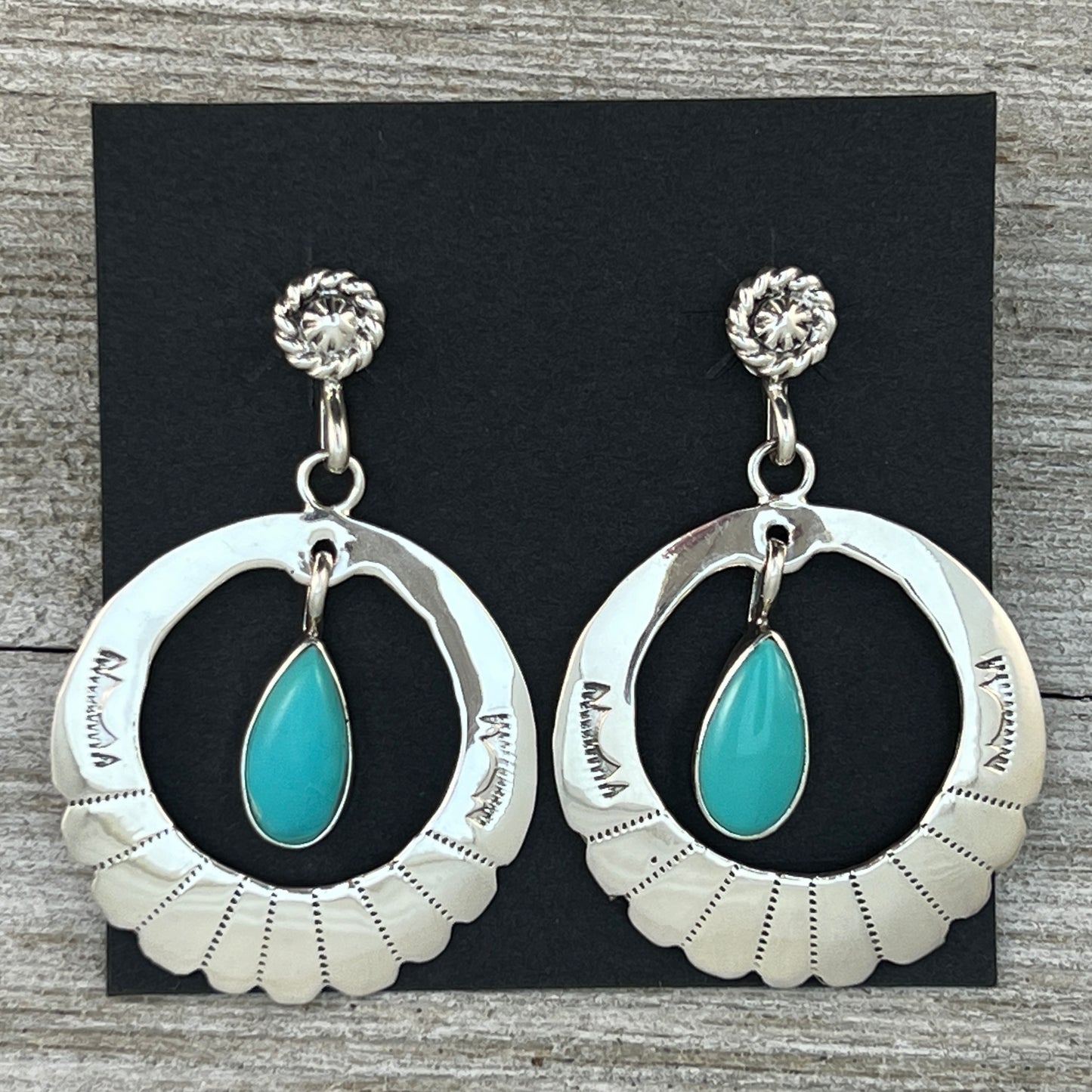 Modern hoop dangle Turquoise earrings sterling silver Navajo handmade Sheena Jack