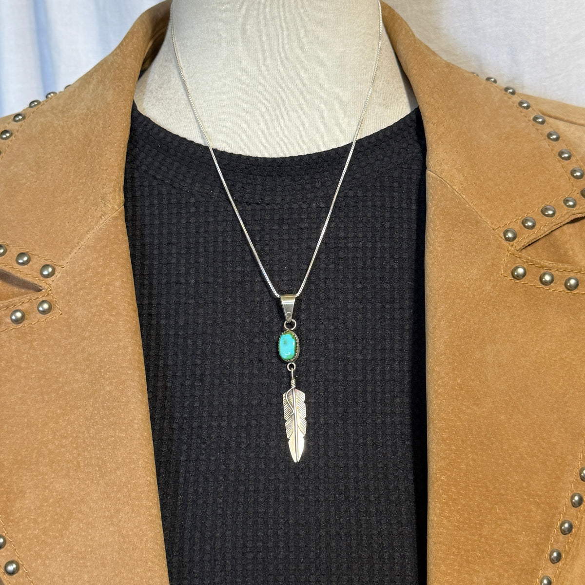 Blue Sonoran Turquoise sterling silver Feather Pendant Chris Charley Navajo PD6
