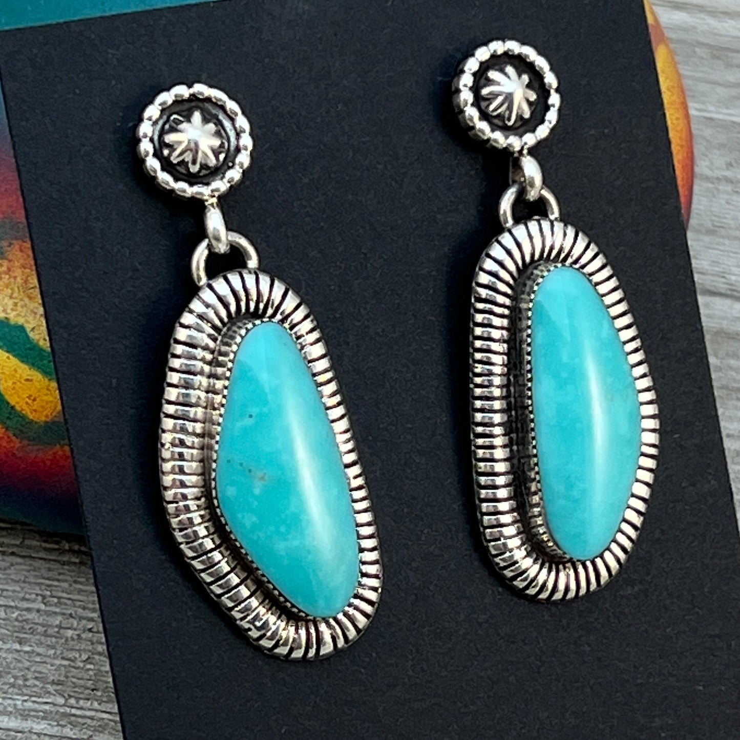 Blue Campitos Earrings, sterling silver dangle Navajo handmade Begay