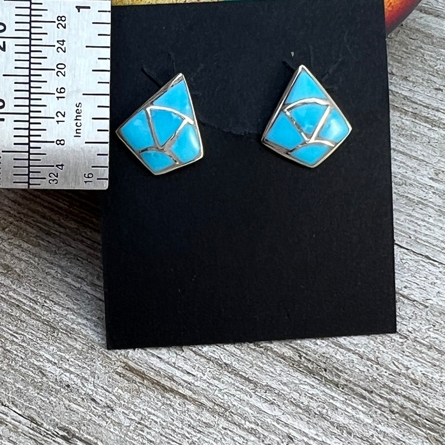 Small Zuni Fish scale inlay turquoise stud post earrings, Orena Leekya 5