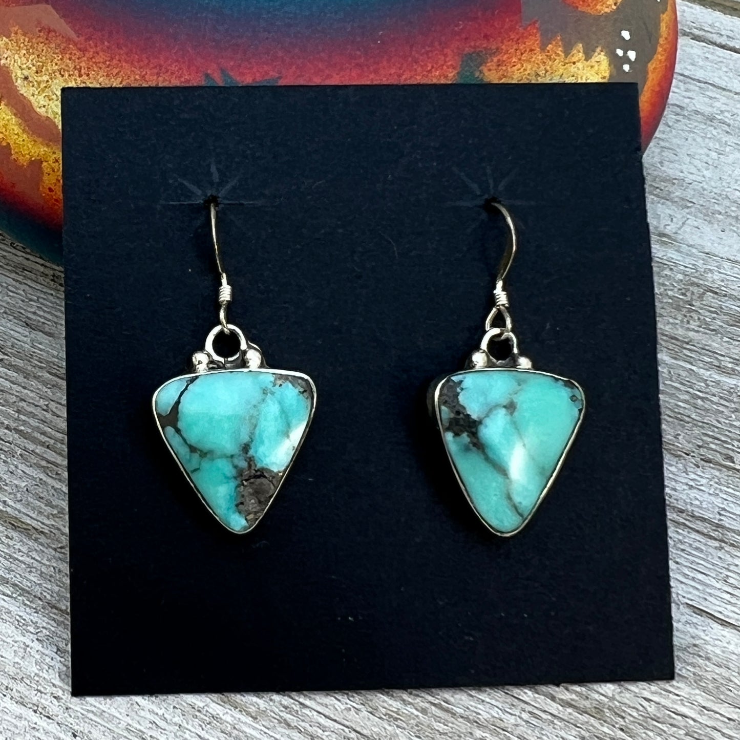 Sterling silver varisite dangle earrings Navajo handmade Arlene Lewis 2