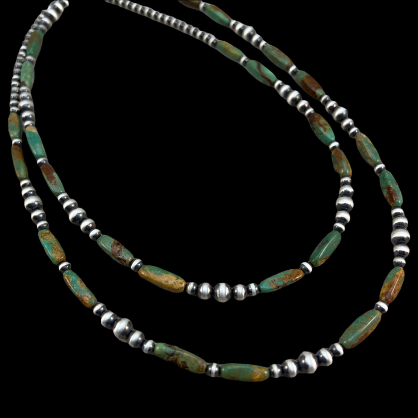 Royston Turquoise Bead Necklace oxidized Sterling Silver 36" long Boho Jewelry