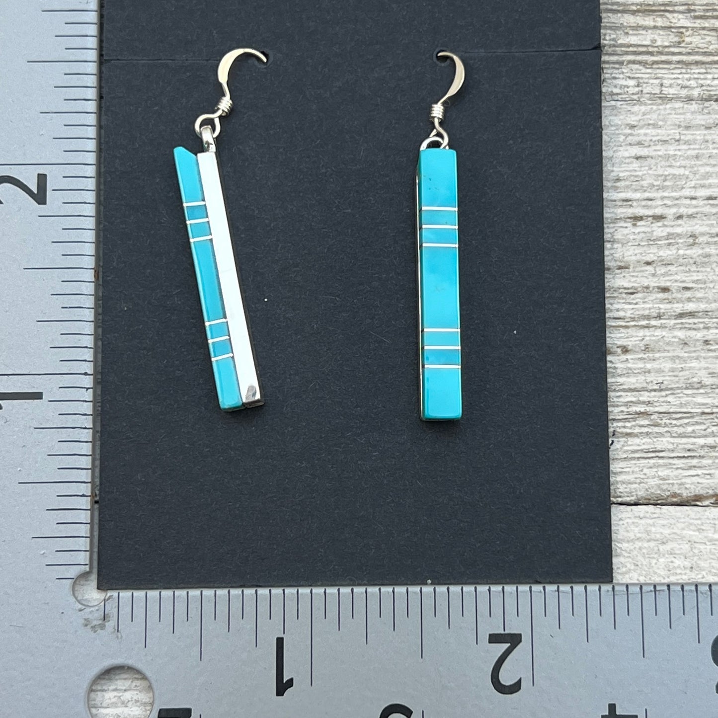 Modern Blue Turquoise inlay bar dangle earrings 3 sterling silver Zuni MaDerral Kallestewa
