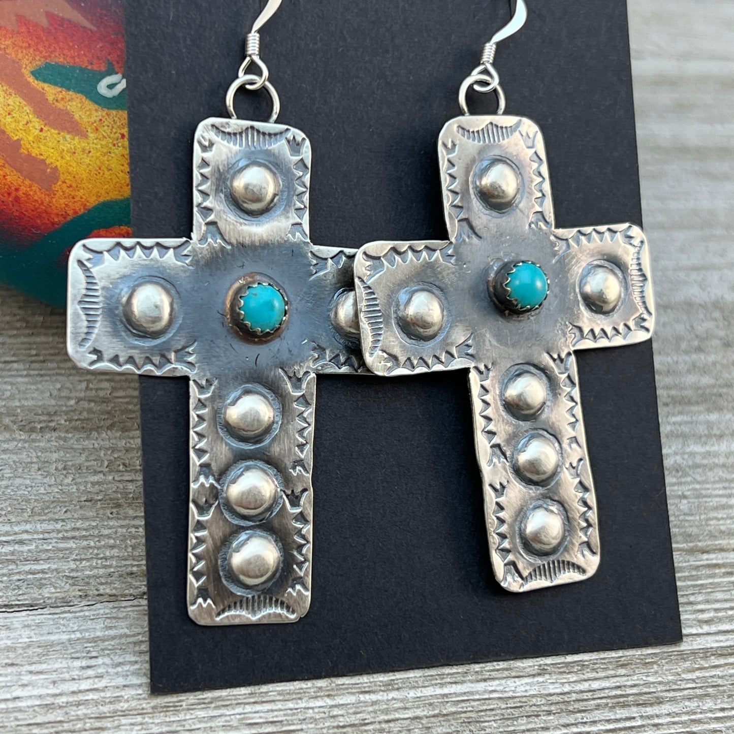 Navajo handmade large cross dangle earrings sterling silver turquoise Tim Yazzie 396
