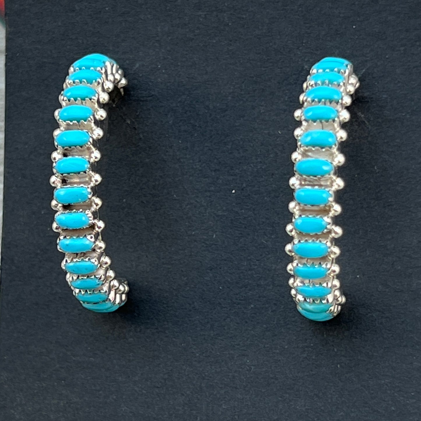 Turquoise 1 1/4" narrow turquoise zuni hoop earrings sterling silver Bernard Cachini