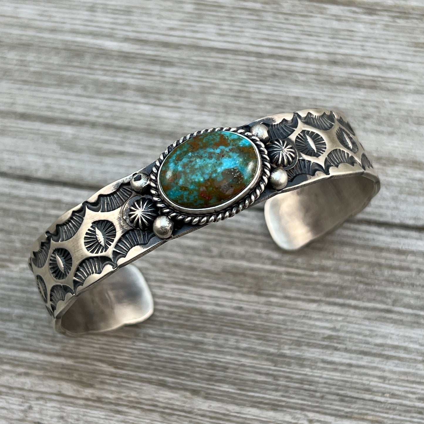 7" Kingman Turquoise Simple stamped Cuff Bracelet, Sterling Silver Navajo Kevin Billah