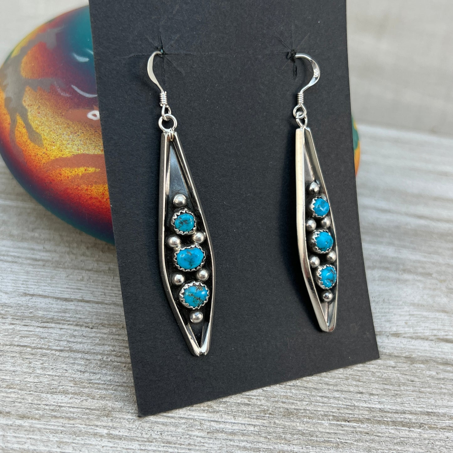 7/8" Blue Turquoise Earrings Navajo handmade by Paul Largo sterling silver 1