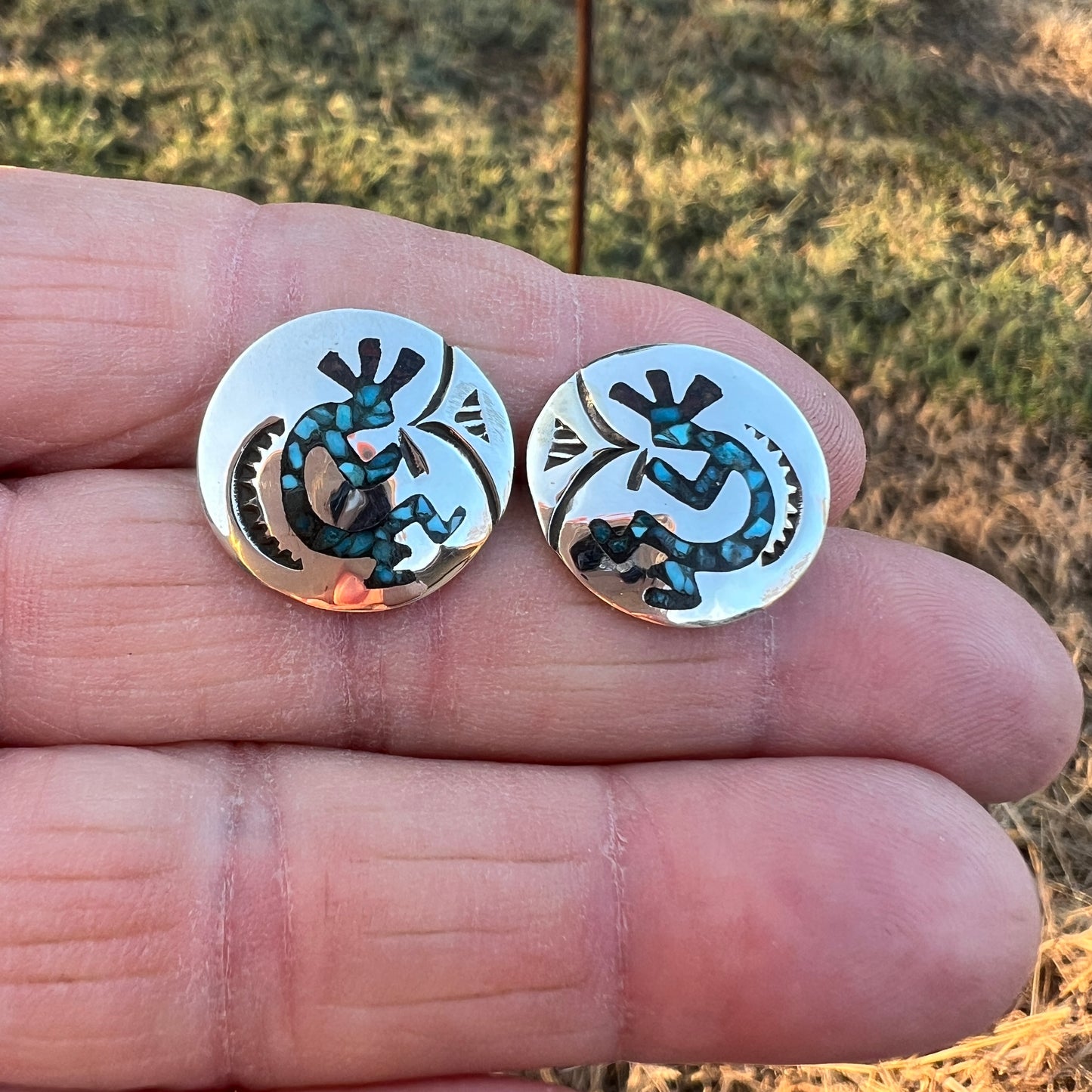 Turquoise Chip inlay Kokopelli small concho earrings Sterling silver Sally Shurley