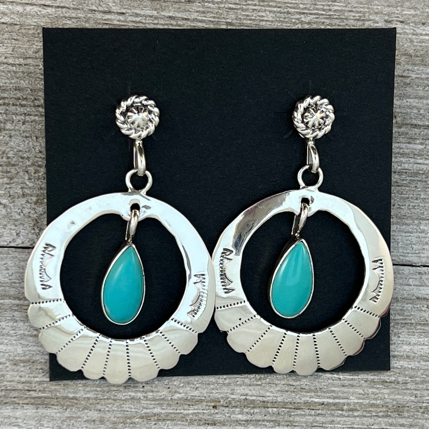 Modern hoop dangle Turquoise earrings sterling silver Navajo handmade Sheena Jack