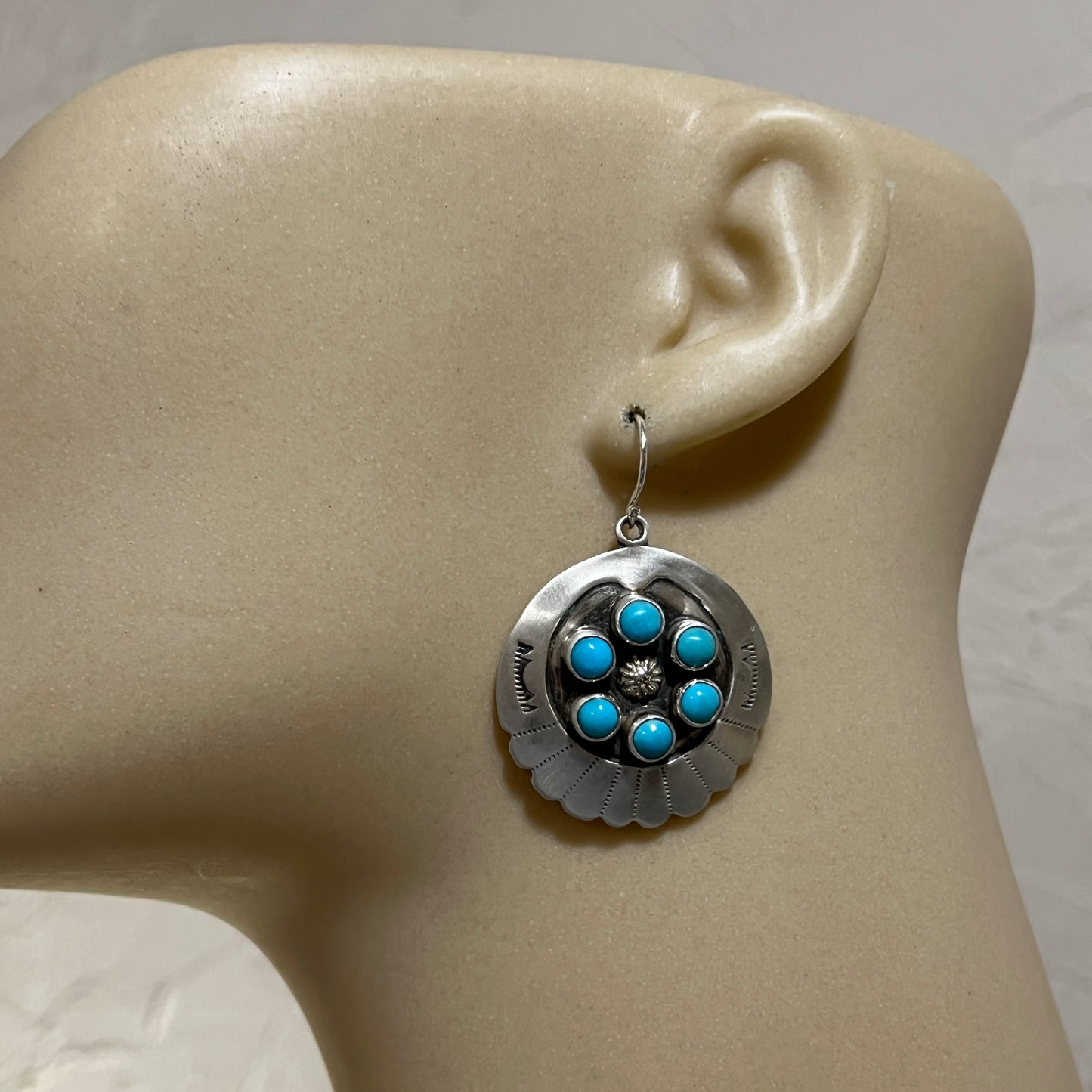 Dangle Concho cluster earrings sterling silver turquoise Kenny Lonjose signed 1