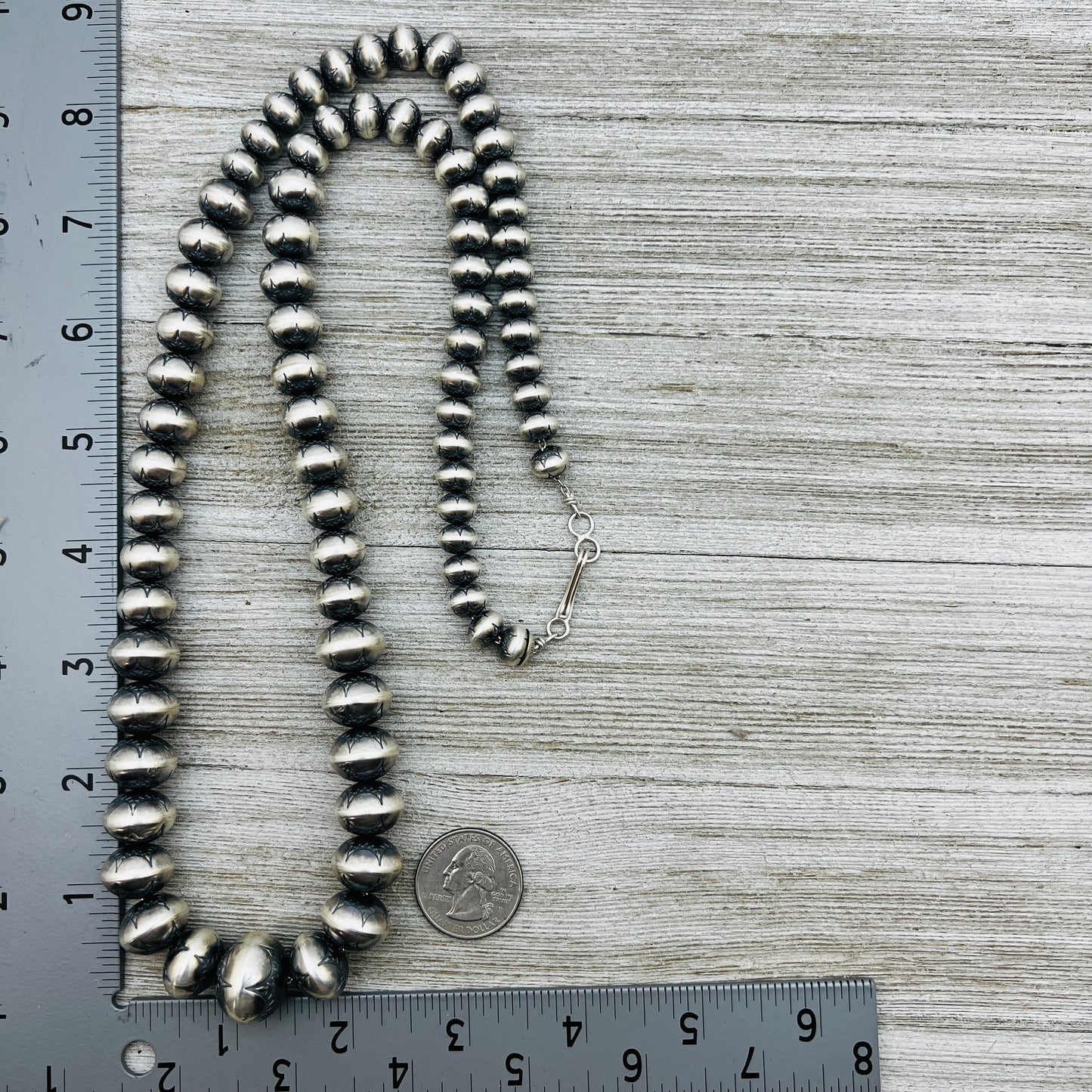 28" Sterling silver Handmade Navajo Pearl Graduated stamped bead necklace Bryannen Halwood signed