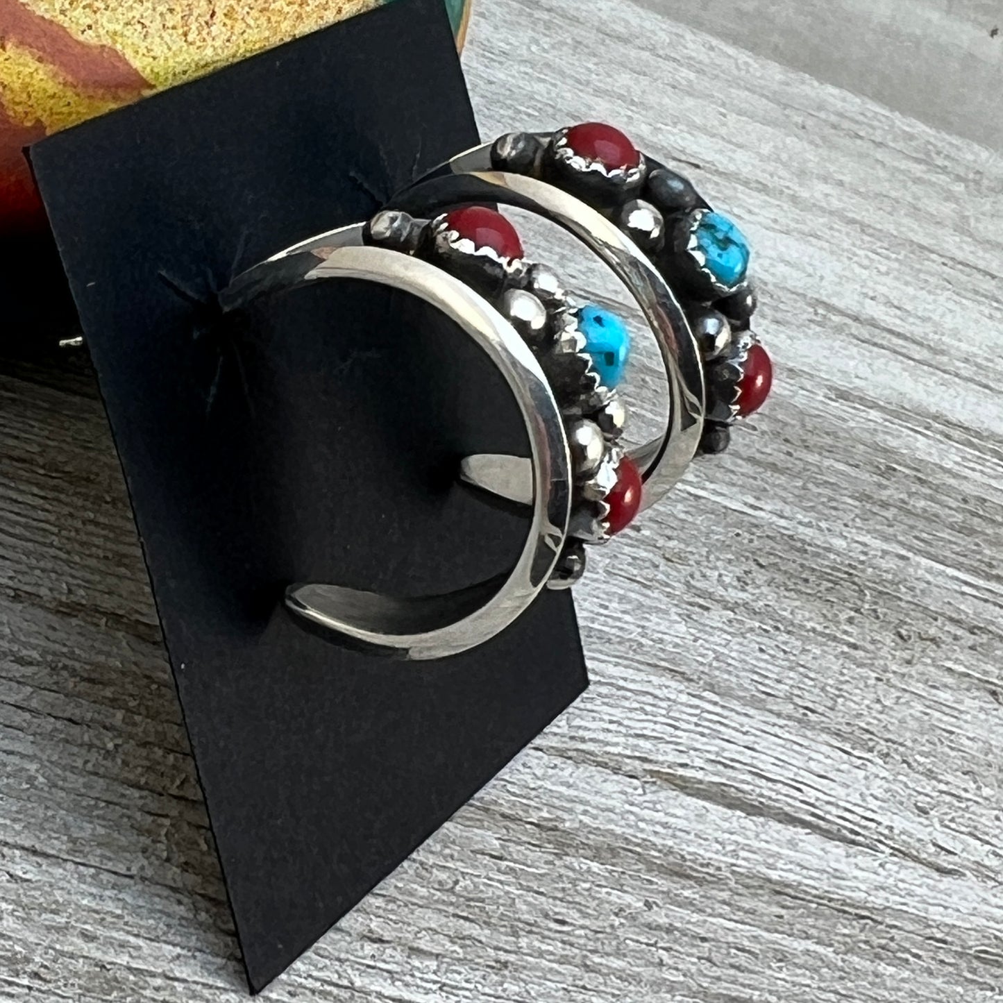 7/8" Turquoise Red Coral Hoop Earrings Navajo handmade by Paul Largo sterling silver 1