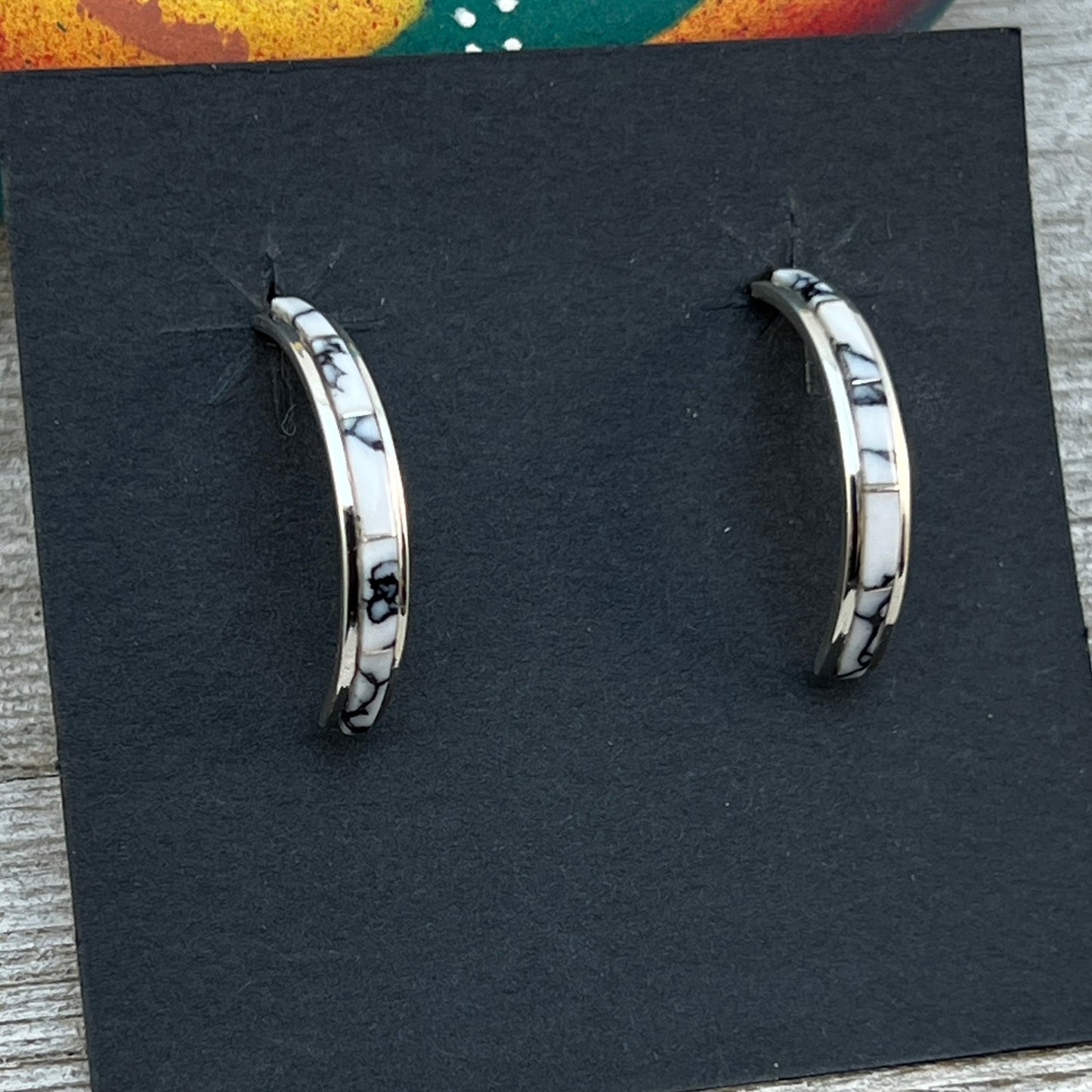 Small thin White Buffalo 1" lightweight hoop earrings Sterling silver Nathaniel Cynthia Johnson