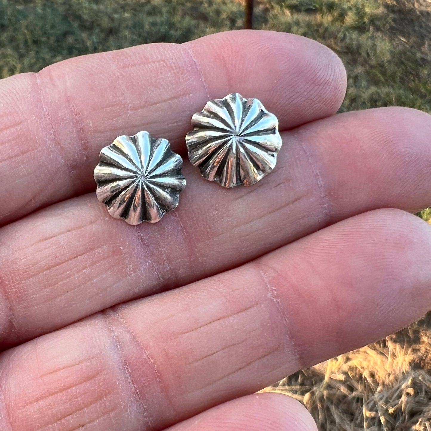 Lightweight small Corrugated hand stamped concho earrings Sterling silver Sally Shurley