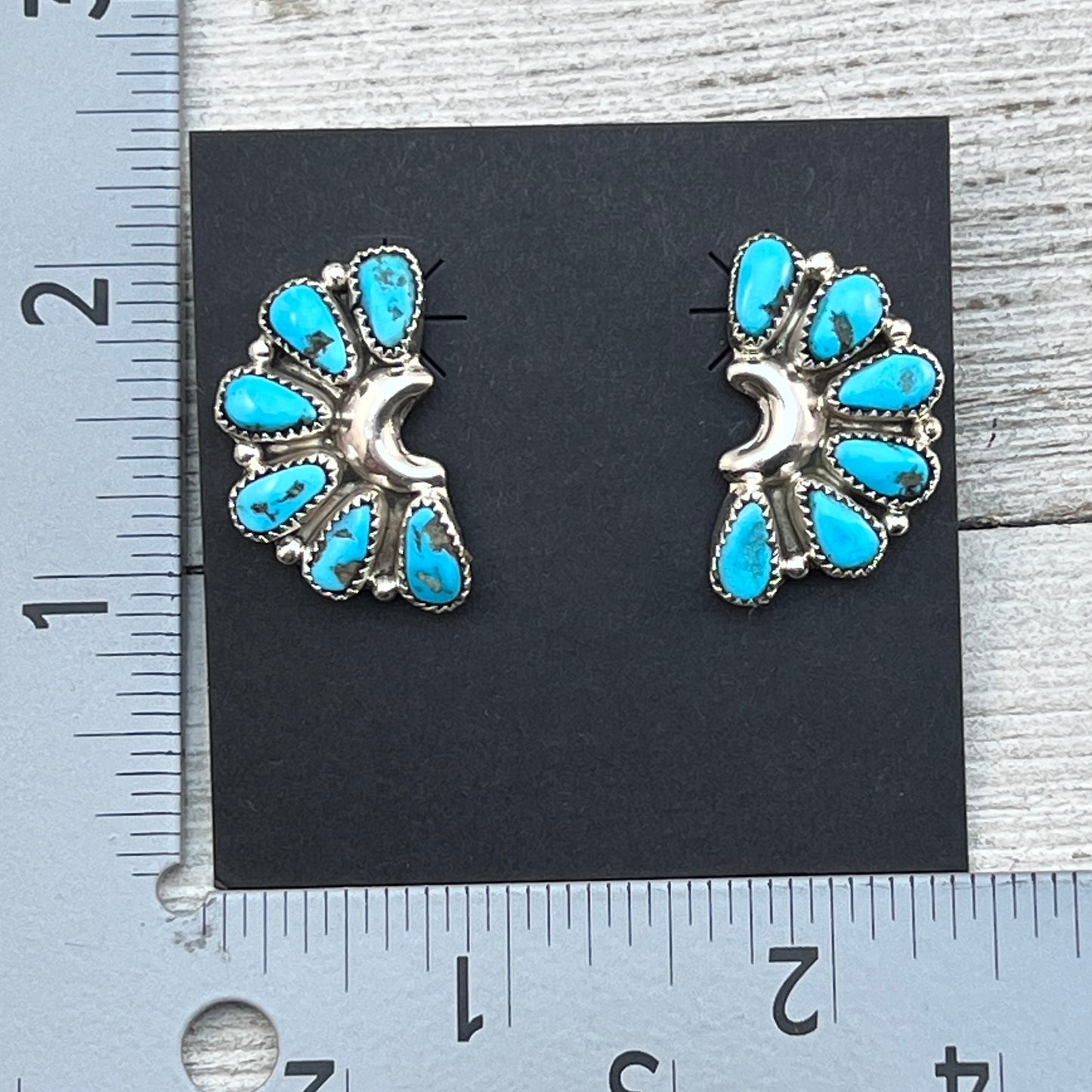 Blue Turquoise half cluster stud Earrings sterling silver Navajo handmade Justina Wilson 1