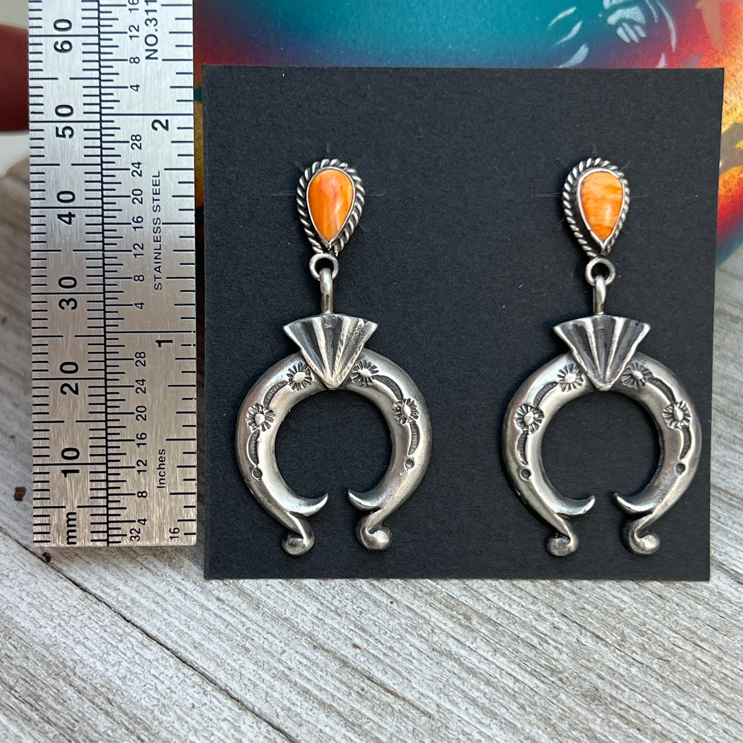 Orange Spiny Oyster Shell dangle Naja earrings sterling silver Navajo Adrienne Gordon 4