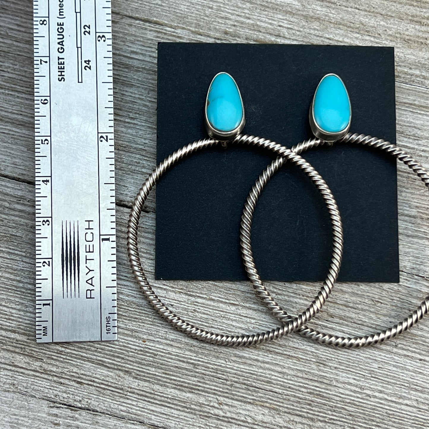 Blue Campitos turquoise hoop earrings, Navajo, Verley Betone, sterling silver post