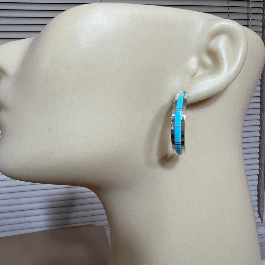 1 1/8" Turquoise inlay Hoop Earrings Navajo handmade by Wilbert Muskett signed, sterling silver