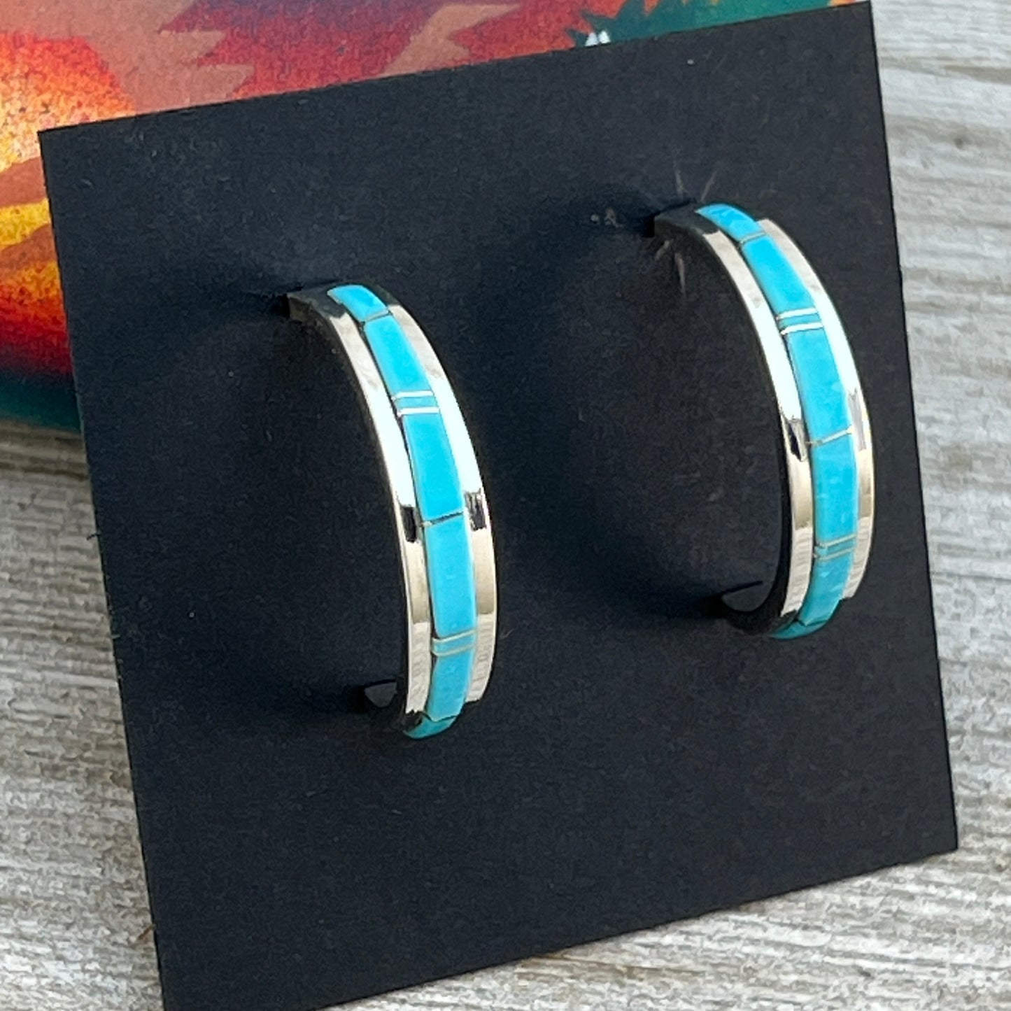 1 1/8" Turquoise inlay Hoop Earrings Navajo handmade by Wilbert Muskett signed, sterling silver