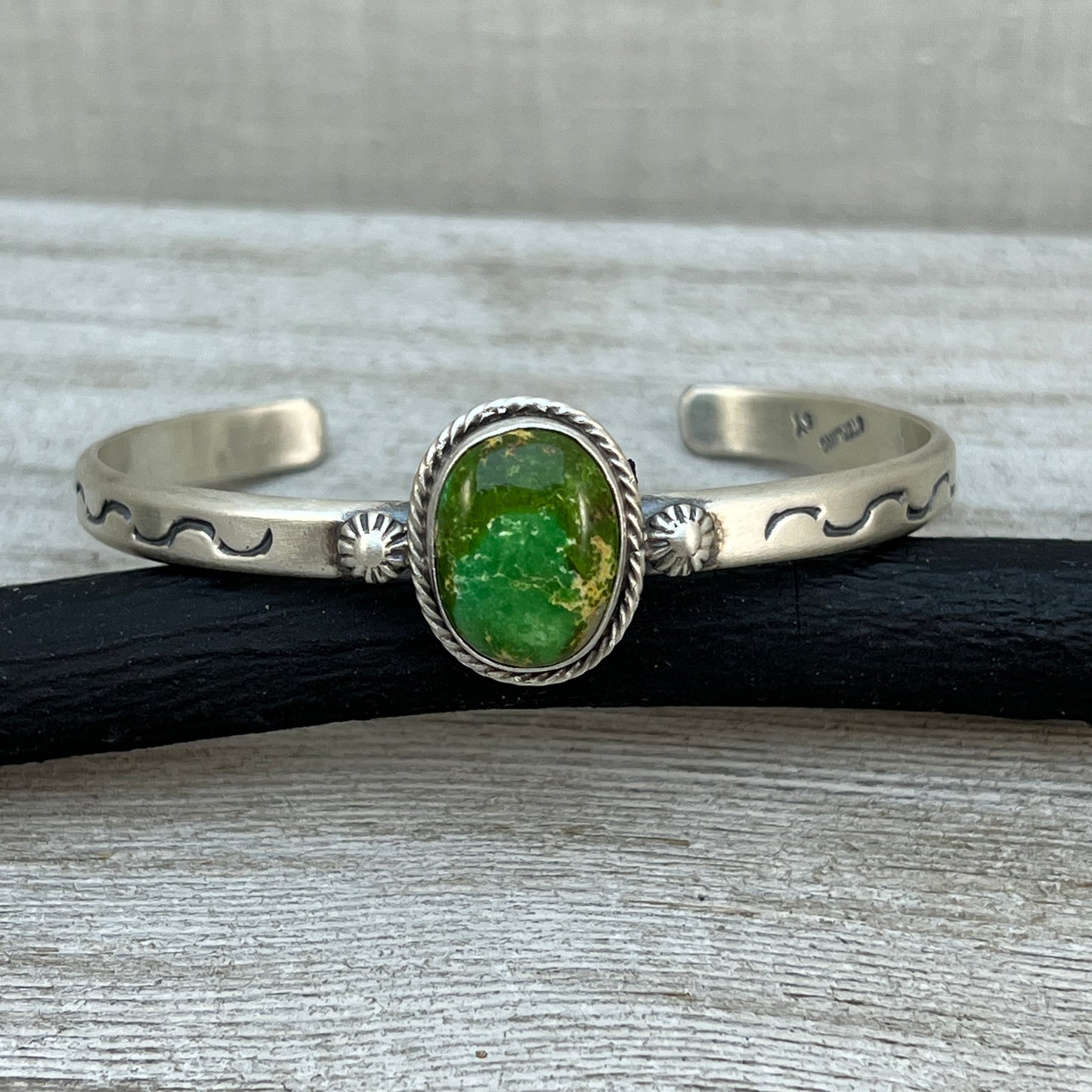 6.75" Green Sonoran Gold turquoise Cuff Bracelet, Sterling Silver Navajo Samuel Yellowhair