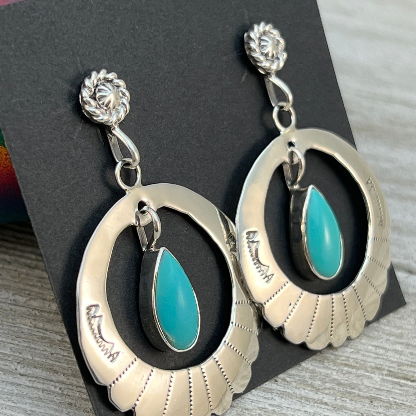 Modern hoop dangle Turquoise earrings sterling silver Navajo handmade Sheena Jack