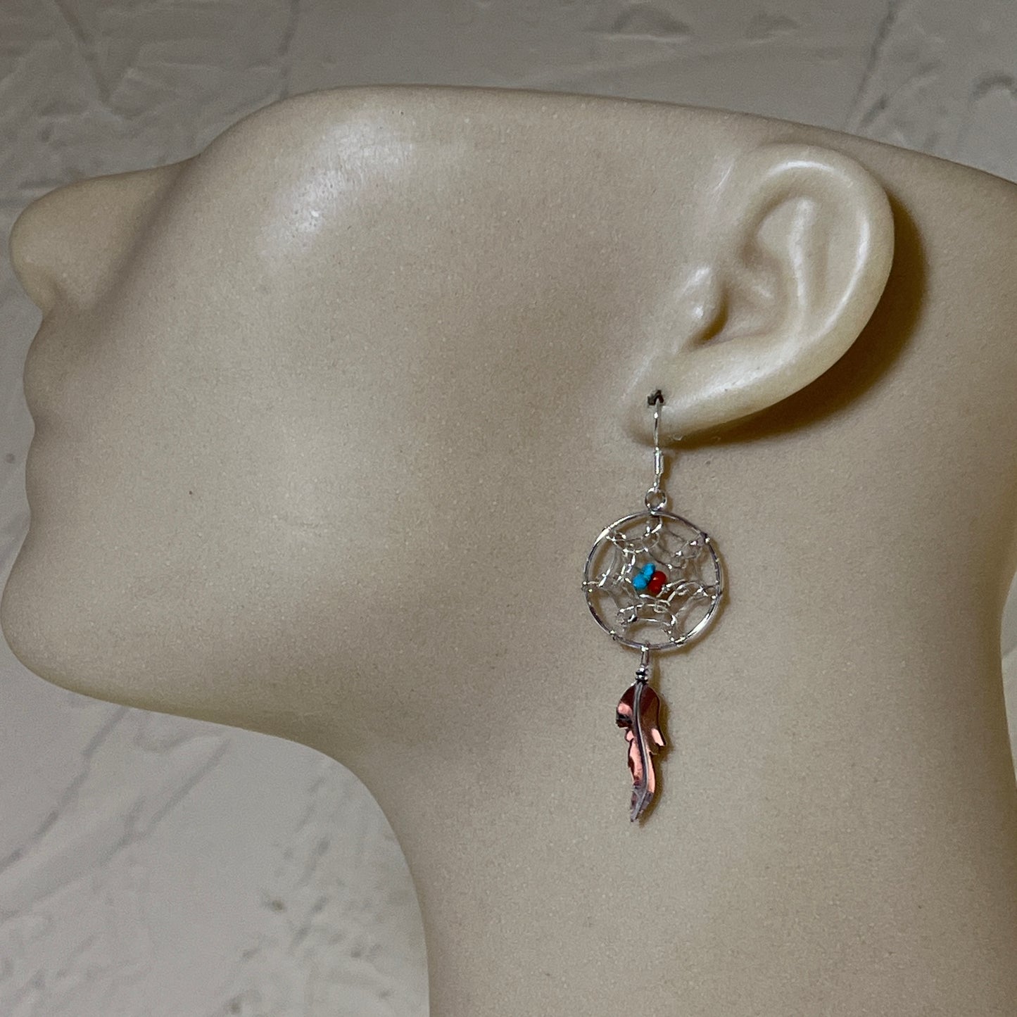 Turquoise Coral Dream catcher Dangle Earrings sterling silver Lorenzo Arviso lightweight