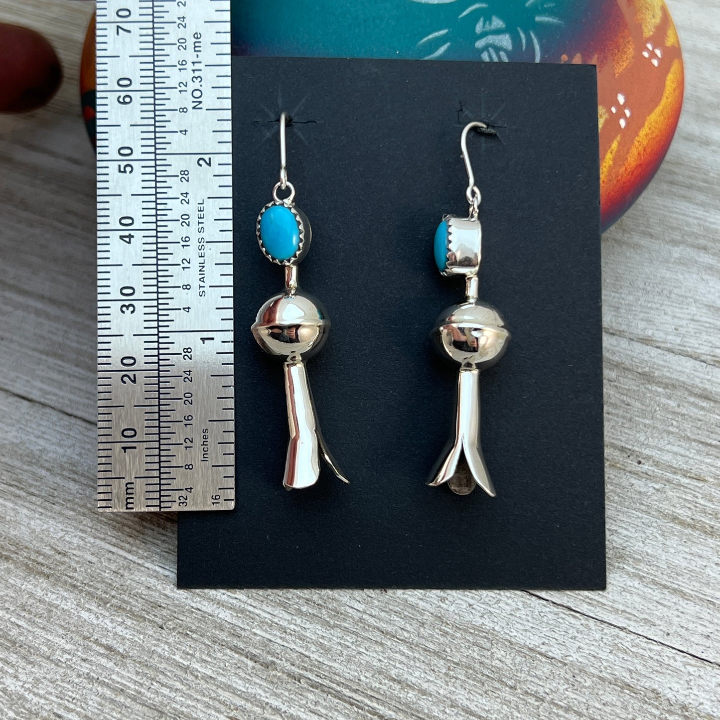 Squash Blossom Dangle Earrings Blue Campitos Turquoise sterling silver Vernon Tsosie