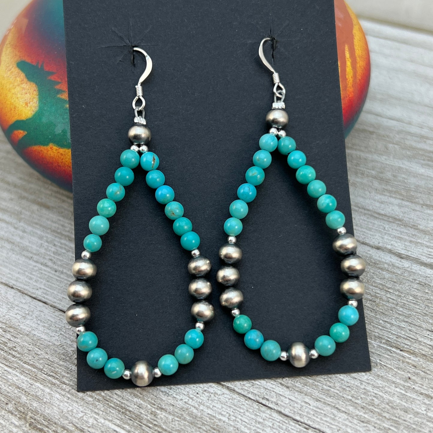 Real Turquoise hoop Earrings with Southwest Pearl sterling silver beads