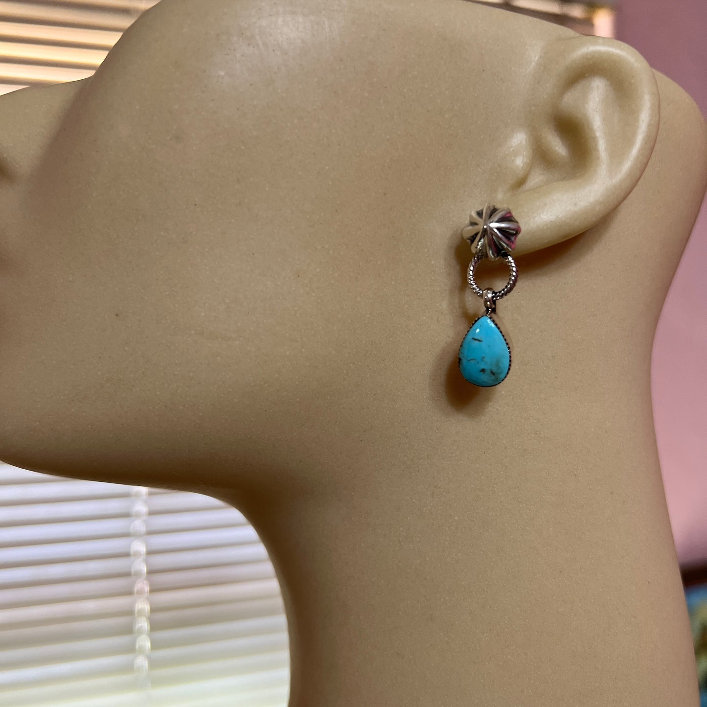 Turquoise teardrop dangle earrings #2, with small concho button post, sterling silver, Kingman Turquoise, Navajo handmade by Sheena Jack