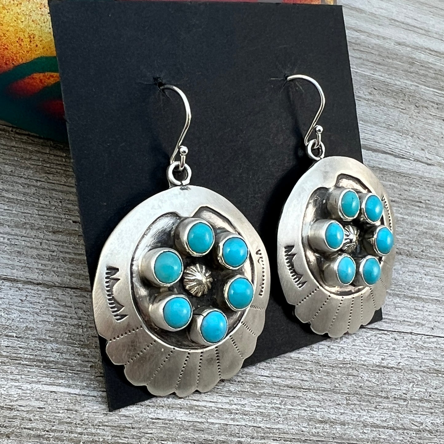 Dangle Concho cluster earrings sterling silver turquoise Kenny Lonjose signed 2