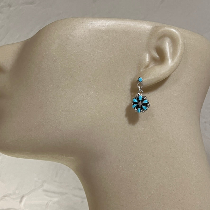 Small Zuni Petit point turquoise dangle post earrings, sterling silver turquoise Tricia Leekity