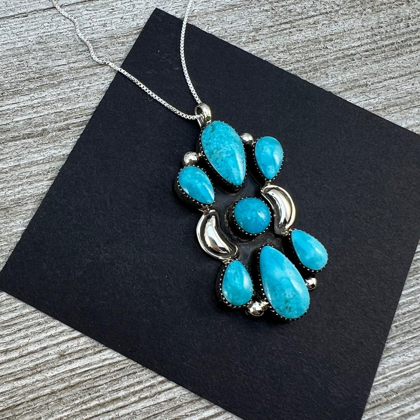 18" blue turquoise cluster necklace pendant Sterling silver Navajo handmade Marie Bahe 1
