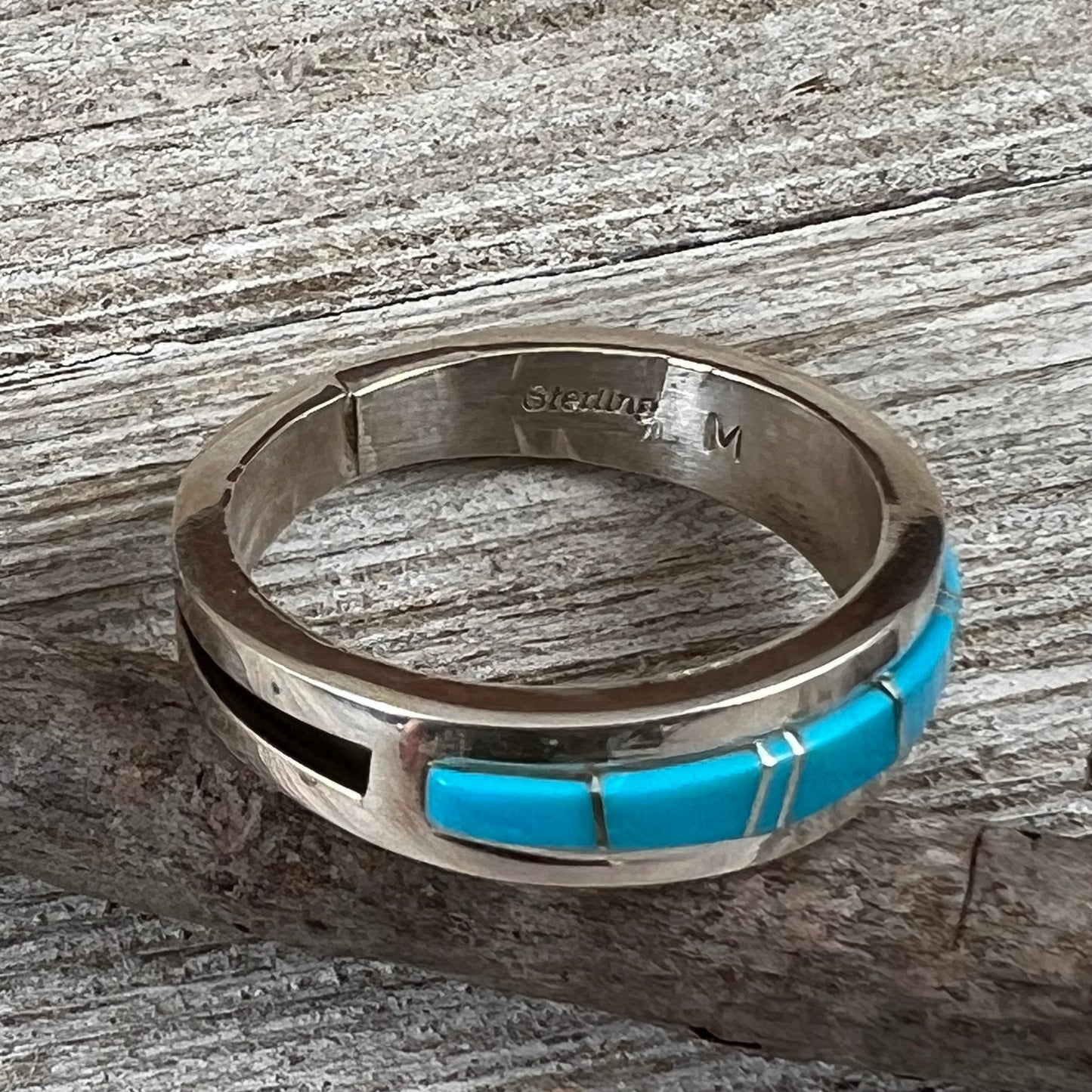 Narrow Kingman turquoise inlay band, Navajo handmade Wilbert Muskett, jr, sterling silver signed