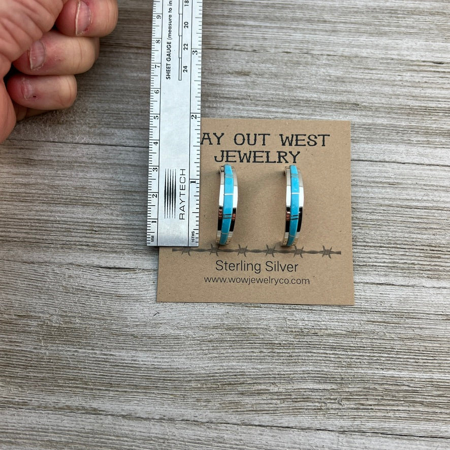 1 1/8" Turquoise inlay Hoop Earrings Navajo handmade by Wilbert Muskett signed, sterling silver