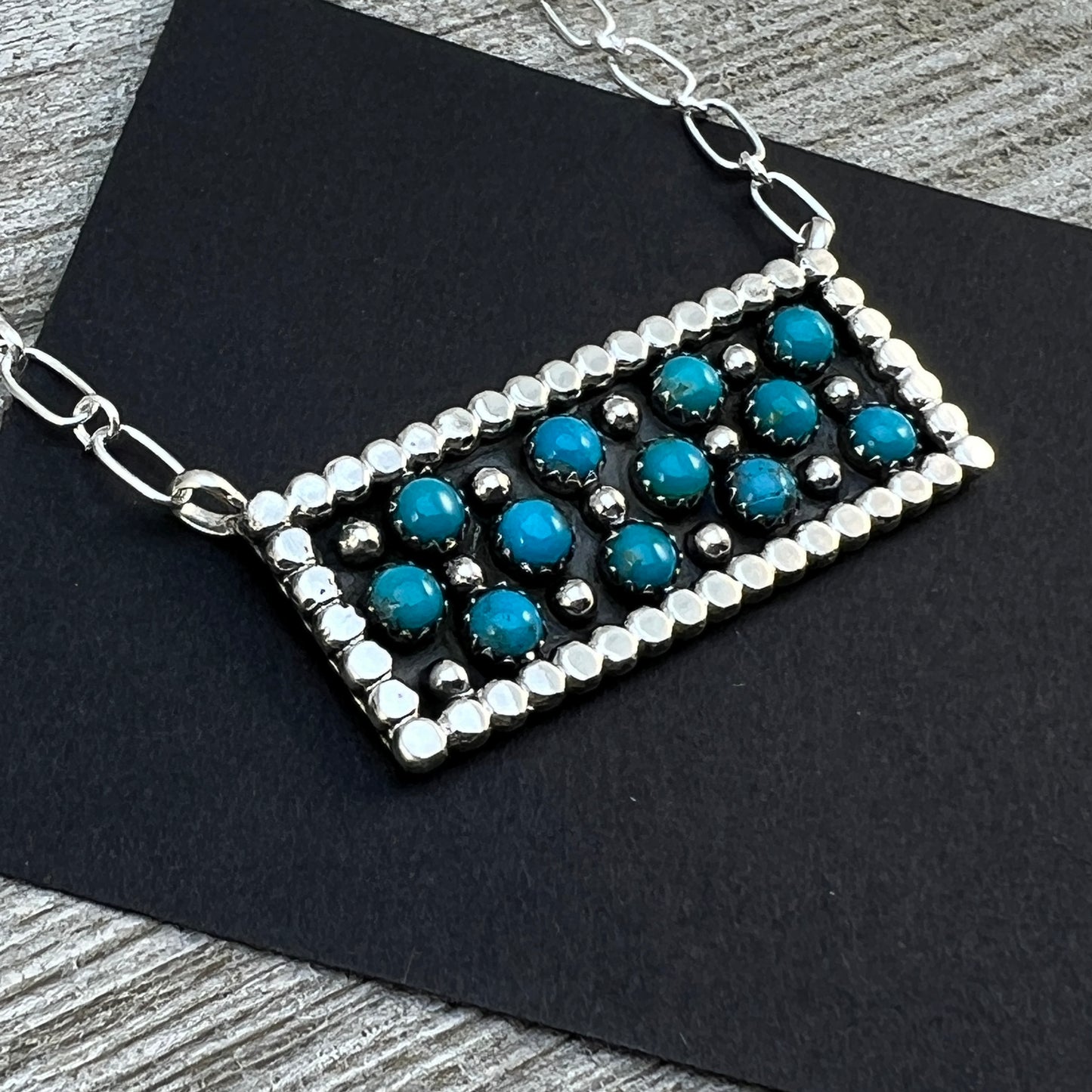 18" Zuni Snake Eye Dot Turquoise Sterling silver handmade Bar Necklace Kenny Lonjose 2