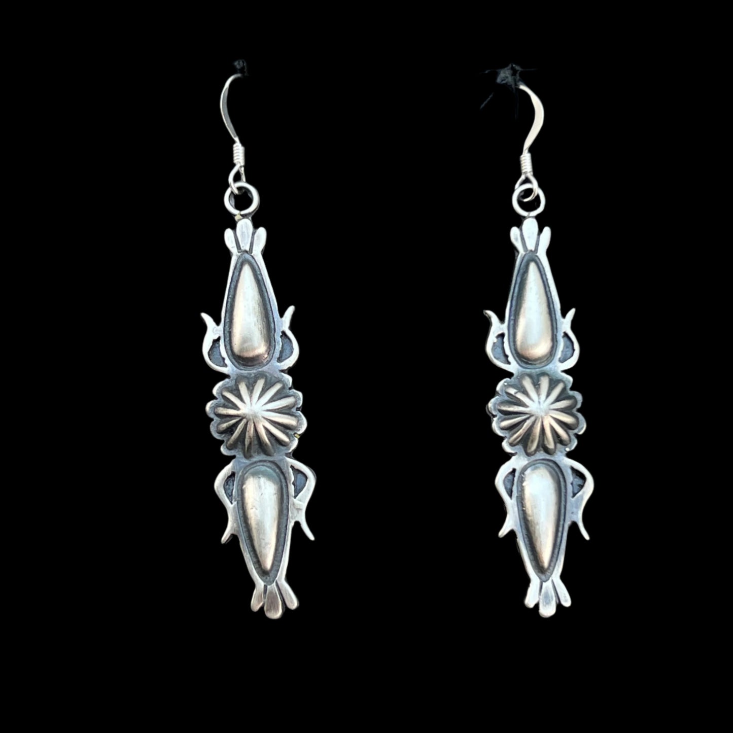 Stamped Concho Button Repouse dangle earrings sterling silver Navajo Bobby Platero
