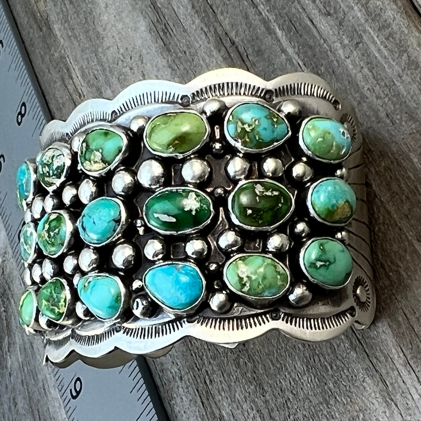 6 3/4" Green Blue Sonoran Turquoise Cuff Bracelet Sterling Silver Tom Lewis 513