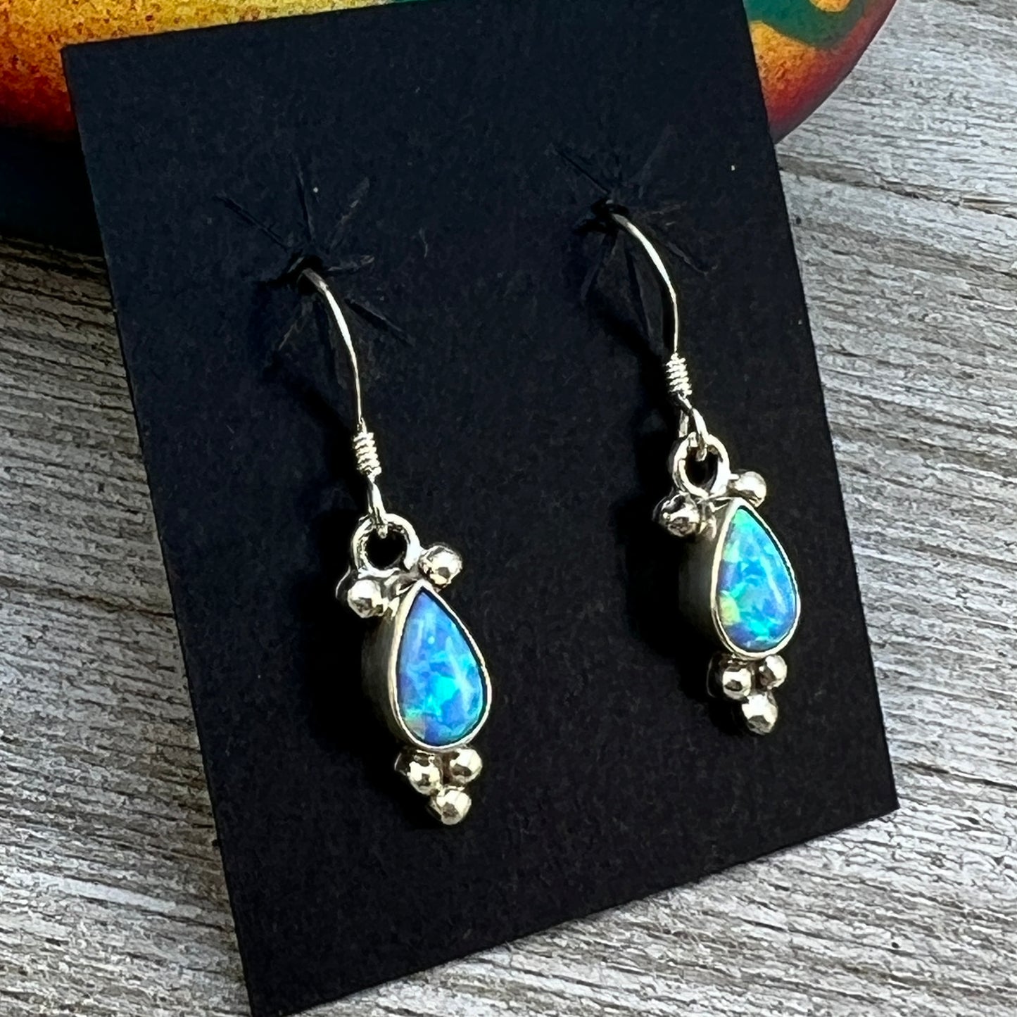 Dainty teardrop Blue Opal Dangle earrings, small handmade Sterling Silver