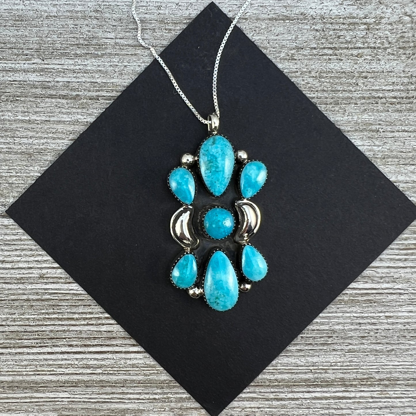 18" blue turquoise cluster necklace pendant Sterling silver Navajo handmade Marie Bahe 1