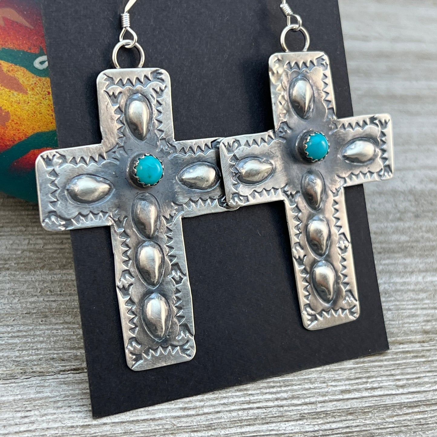 Navajo handmade large cross dangle earrings sterling silver turquoise Tim Yazzie 399