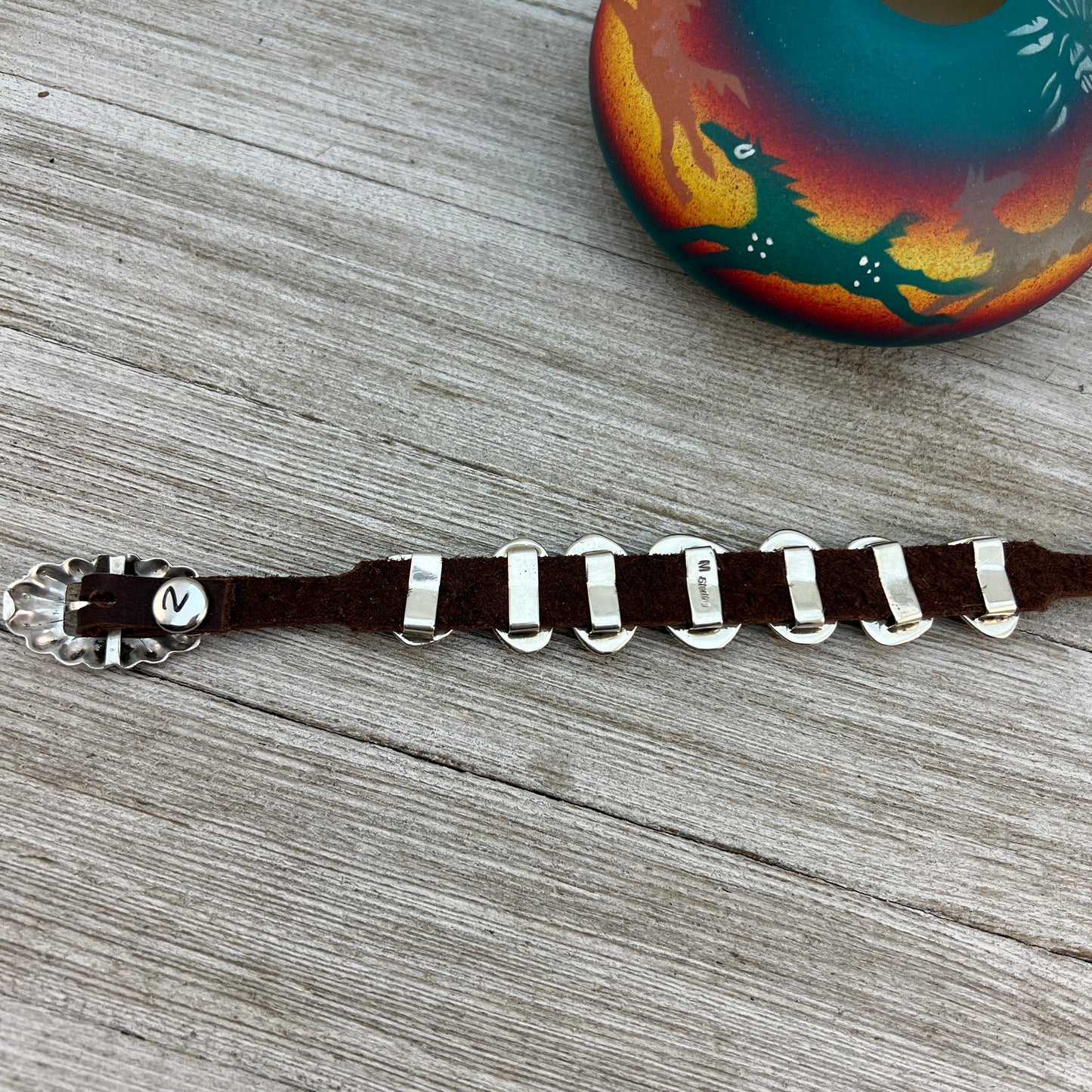 Real Turquoise leather Sterling silver bracelet #2, adjustable Navajo Marlene Ramone