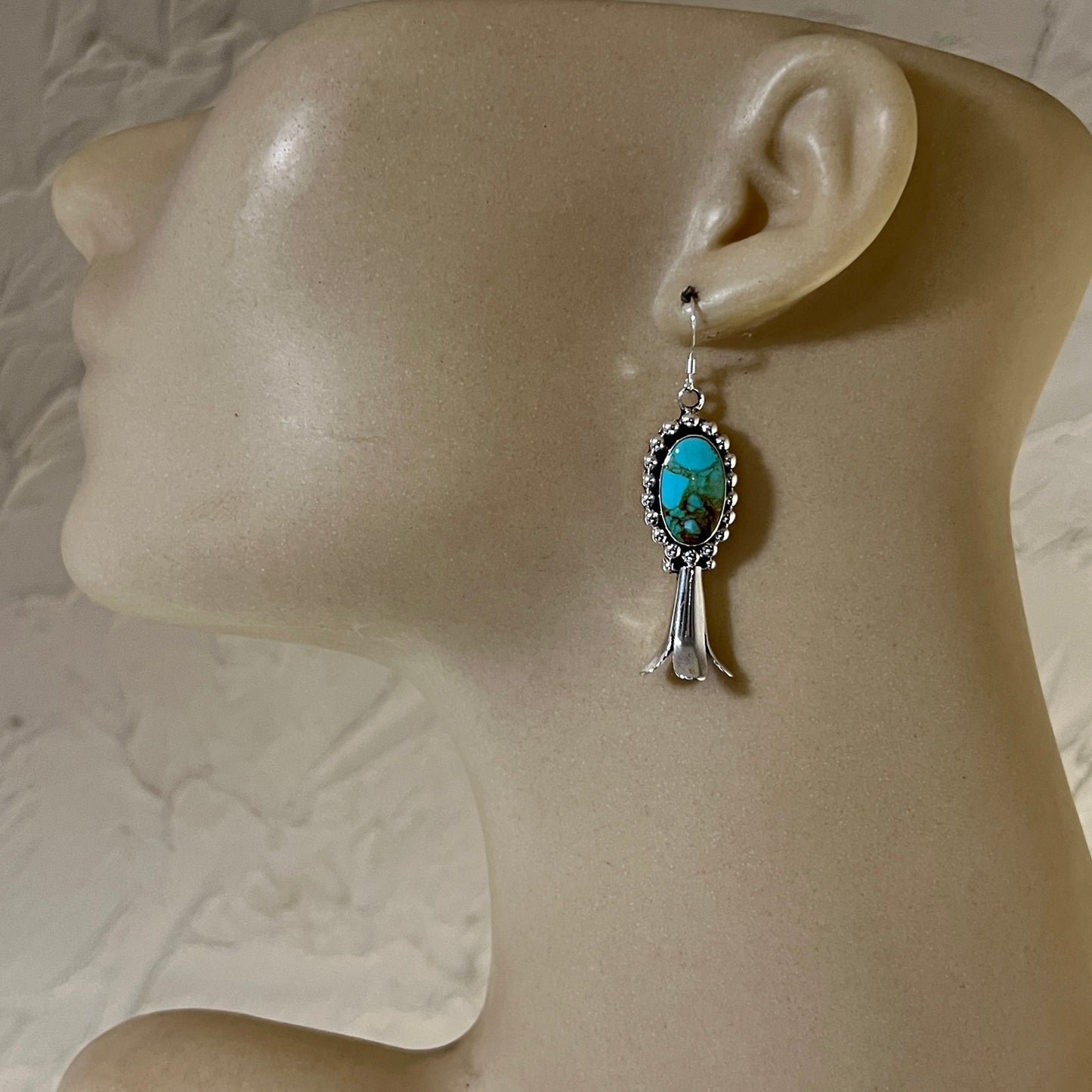 Blue Kingman Turquoise squash blossom earrings sterling silver Navajo Charlene Yazzie 458