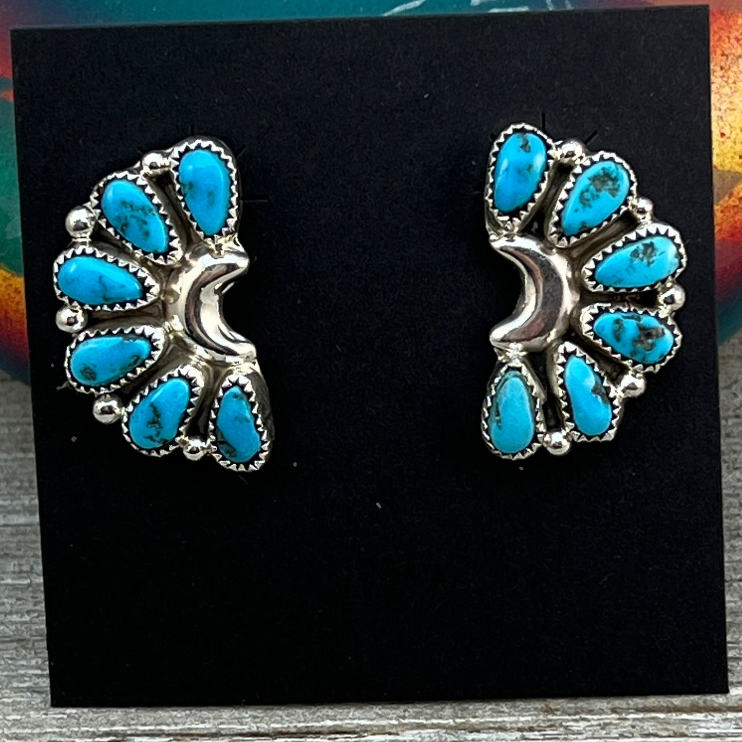 Blue Turquoise half cluster stud Earrings sterling silver Navajo handmade Justina Wilson