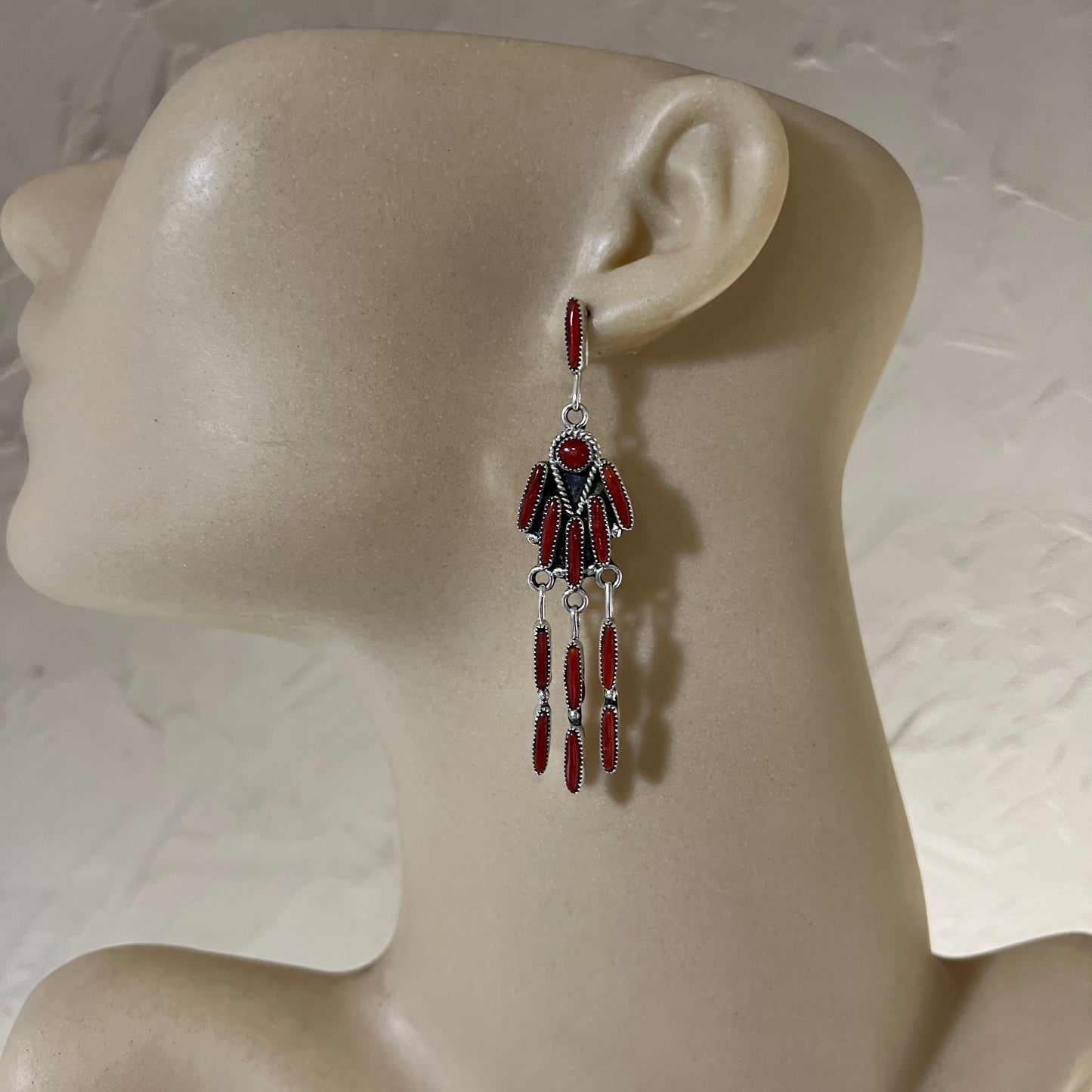 Long Red Natural Mediterranean Coral Zuni Earrings Authentic Claudine Penketewa