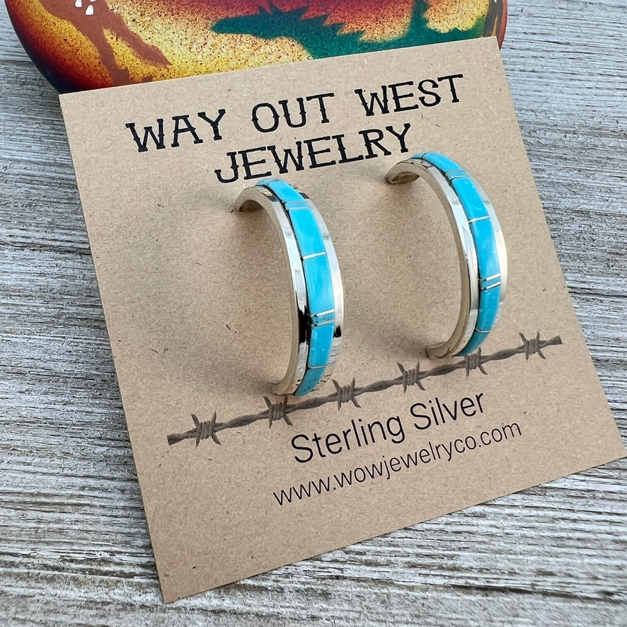 1 1/8" Turquoise inlay Hoop Earrings Navajo handmade by Wilbert Muskett signed, sterling silver